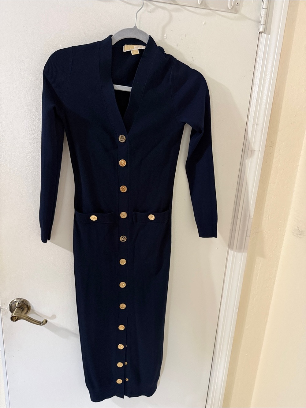 Michael Kors Navy Long-Sleeve Button Dress with Gold Chain